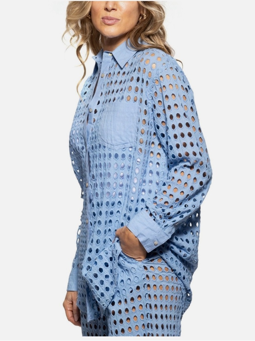 NWT Dotti Blue Eyelet Button-Up Top and Pant Set Size Medium